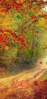 A serene forest path during autumn with vibrant orange leaves.