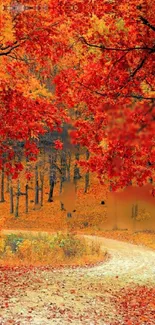 Autumn forest path with vibrant red leaves.