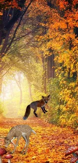 Enchanting autumn forest with wildlife and mushrooms, glowing in vibrant orange hues.