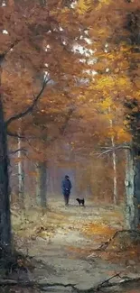 Serene autumn forest path wallpaper with figure and dog.