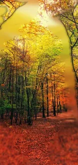 Vibrant autumn forest pathway with colorful leaves.