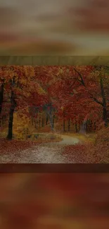 Serene autumn forest pathway with vibrant fall colors.