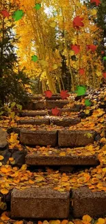 Golden autumn leaves on a forest pathway with stone steps.