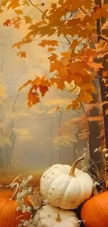 Autumn forest scene with pumpkins.