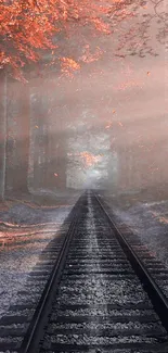 Railway fading into an autumn forest with vibrant foliage.