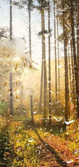 Sunlit autumn forest with raindrops on screen.