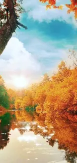 Autumn forest with orange trees reflecting in a calm river under a clear sky.