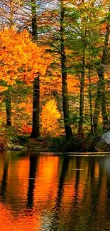 Autumn forest with vibrant orange leaves reflecting on a calm lake.