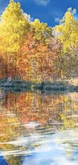 Autumn forest and lake reflection with vibrant fall colors.