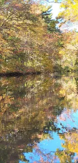 A serene autumn forest reflected in a calm river, showcasing fall colors.