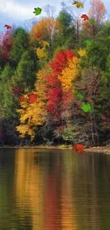 Autumn forest with colorful leaves reflected on a calm lake surface.