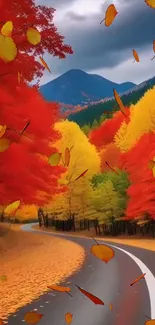 Scenic autumn road with vibrant red and yellow foliage.