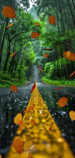 Autumn leaves falling on a serene forest road.