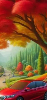 Red car under autumn trees with vibrant landscape view.