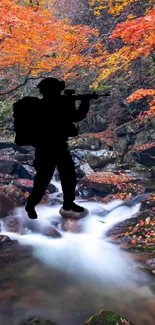 Silhouette of a soldier in an autumn forest scene.