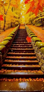 Stone steps surrounded by vibrant autumn leaves in a tranquil forest setting.