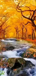 Vibrant autumn forest with flowing stream.