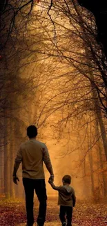 Father and child walking in serene autumn forest path.