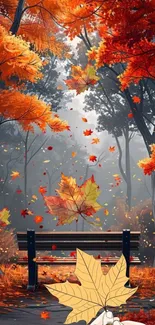 Vibrant autumn forest with orange leaves and a wooden bench on mobile wallpaper.