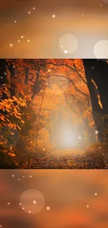 Autumn path through an orange-tinged forest with falling leaves.