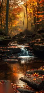 Serene autumn forest wallpaper with waterfall.