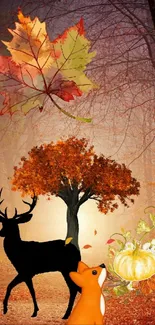 Mobile wallpaper with deer, fox, and autumn leaves in a forest setting.