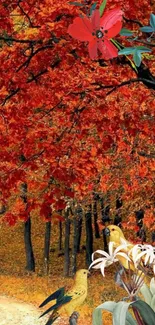 Autumn forest with red leaves and birds on branches.