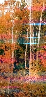 Autumn forest with neon glitch effect and vibrant colors.