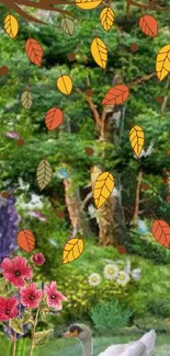 Autumn themed mobile wallpaper with leaves and flowers in a green garden.