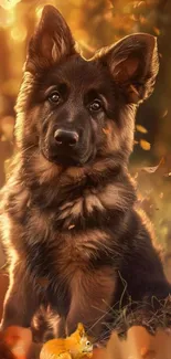 German Shepherd dog in autumn forest with colorful leaves.