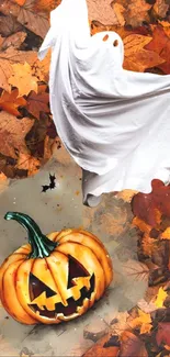 Ghost and carved pumpkin among autumn leaves, creating a spooky Halloween vibe.