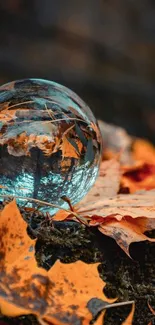 Glass globe on orange autumn leaves background.