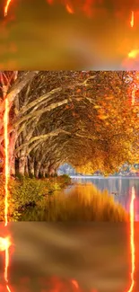 Vibrant autumn forest with golden leaves and reflection.