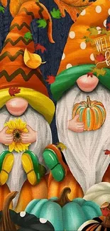 Colorful autumn gnomes with pumpkins and leaves.