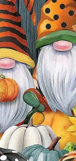 Charming autumn gnomes with pumpkins and vibrant colors.