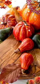 Colorful autumn harvest wallpaper with pumpkins and leaves on a wooden surface.