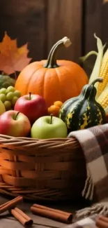 Autumn harvest wallpaper with pumpkins, apples, and corn.