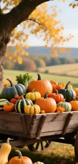 A rustic cart filled with colorful pumpkins under an autumn tree.
