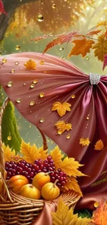 Autumn scene with a fruit basket and silk drape in vibrant colors.