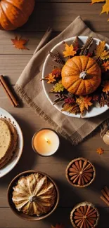 Autumn themed table with pumpkins and candles.