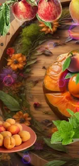 Autumn harvest theme with fruits and flowers on a wooden platter.