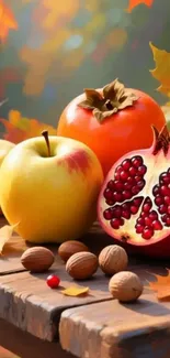 Autumn harvest fruits on a table with colorful leaves.