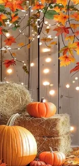 Autumn scene with pumpkins, hay, and colorful leaves.