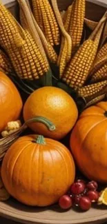 Autumn display of pumpkins, corn, and fruits in a bowl.