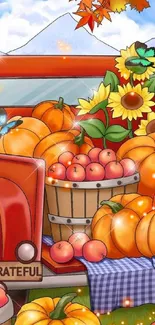 Autumn harvest wallpaper with pumpkins, apples, sunflowers, and a rustic truck.