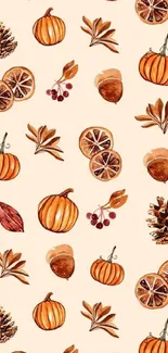 Autumn-themed wallpaper with pumpkins, pinecones, and acorns on a beige background.