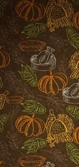 Autumn themed wallpaper with pumpkins, pies, and turkeys.