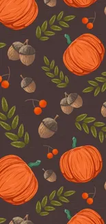 Autumn-themed wallpaper with pumpkins, leaves, and acorns on a dark background.