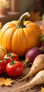 Assorted autumn vegetables on rustic wooden table.