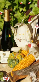 Autumn harvest display with grapes, corn, and a wine bottle.